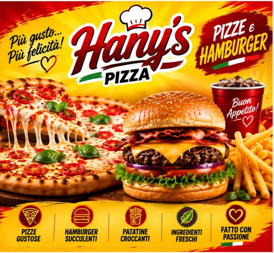 Grafica Hany’s Pizza con pizza, hamburger e patatine